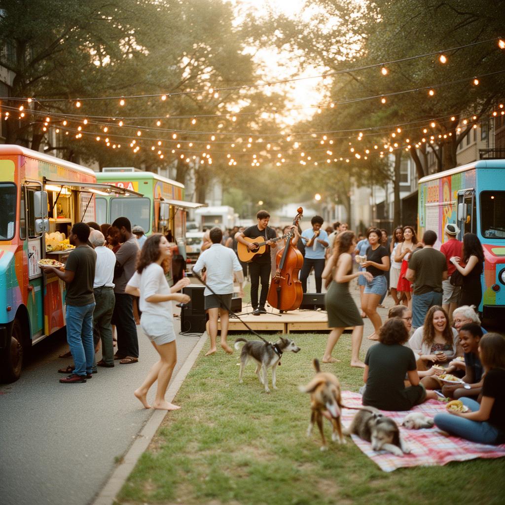 An outdoor community gathering at dusk — people dancing barefoot on the grass with dogs and a shared table of food