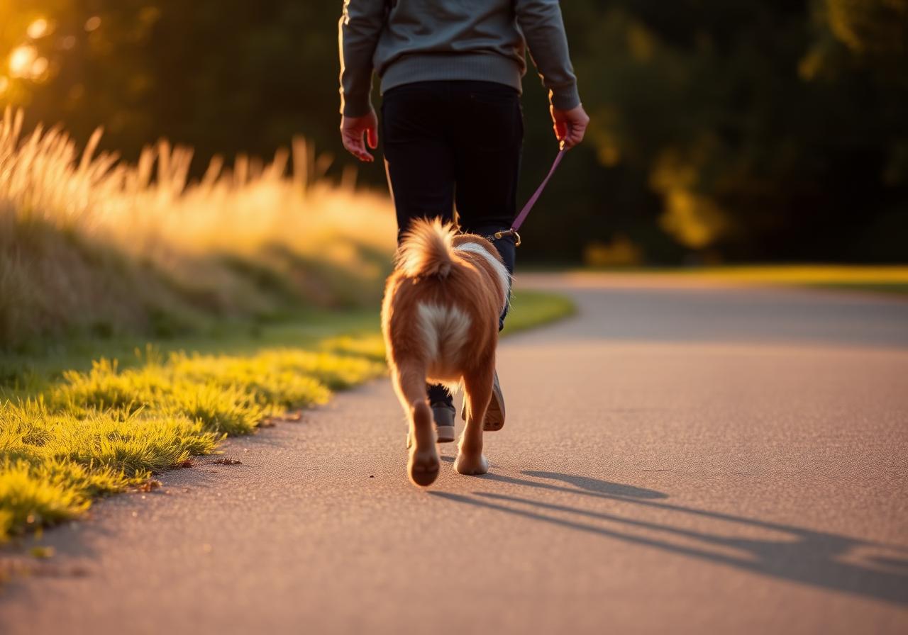 A person walking outdoors with their dog in warm afternoon light